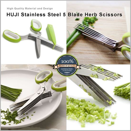 Herb Scissors by JYTUUL - Stainless Steel 5 Blades Multipurpose Kitchen Shears with Safety Cover and Cleaning Comb - Cutter/Chopper / Mincer for Herbs
